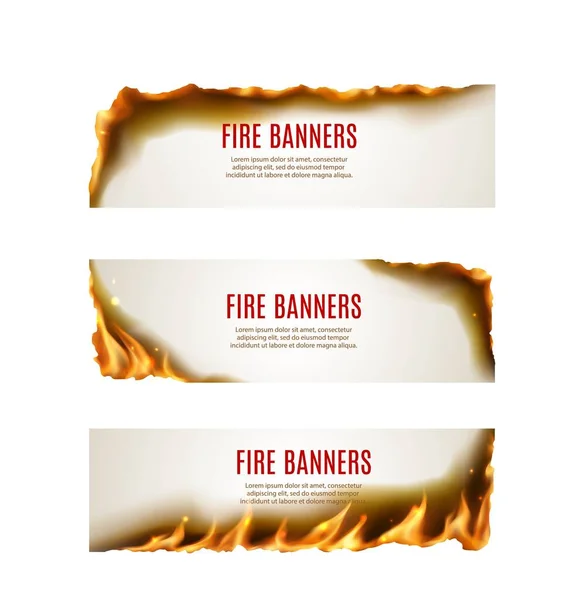 Brand Papier Vuur Vlammen Vector Banners Met Randen Hoeken Van — Stockvector