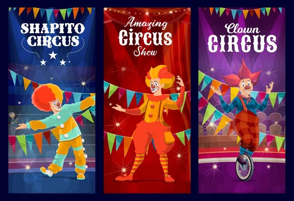 Clown Circo Shapito Giullari Personaggi Vettore Arlecchino Che Eseguono Spettacolo — Vettoriale Stock