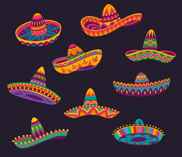 Cartoon Mexicaanse Sombrero Hoeden Met Kleur Etnische Patroon Vector Mexico — Stockvector