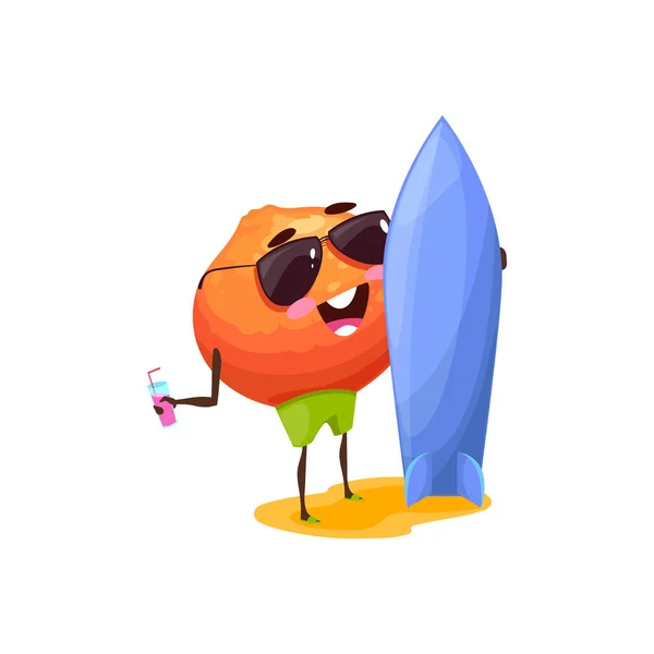 Owoc Pomarańczowy Deską Surfingową Odizolowany Zabawny Charakter Kreskówki Okularach Przeciwsłonecznych — Wektor stockowy