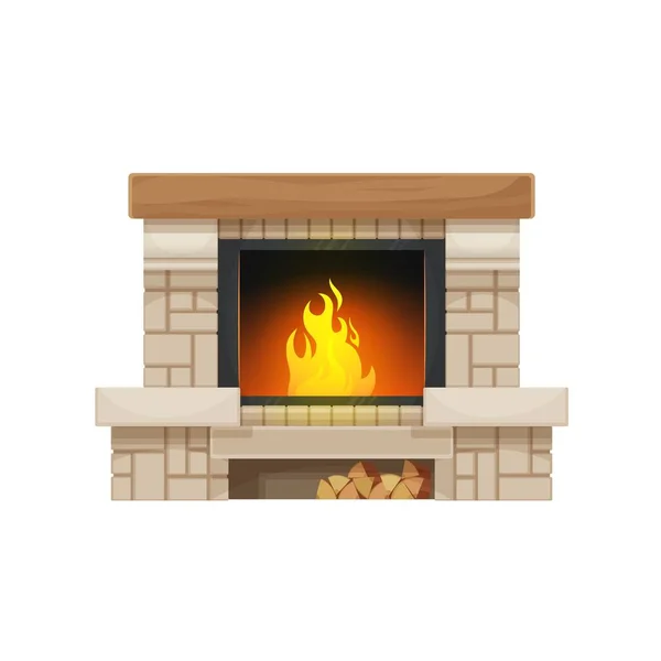 木柴燃烧壁炉或壁炉隔离病媒图标 有篝火 木制壁炉架或壁炉架和木柴储存架的石制或砖制家庭壁炉或火炉 — 图库矢量图片