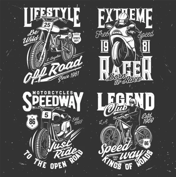 Speedway Motocross Shirt Impressões Corridas Bicicleta Motocicleta Esporte Emblemas Vetor — Vetor de Stock