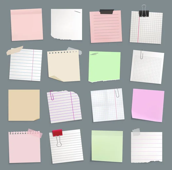 Leere Notizen Auf Papier Notizblöcke Mit Aufklebern Und Notizen Vektorset — Stockvektor