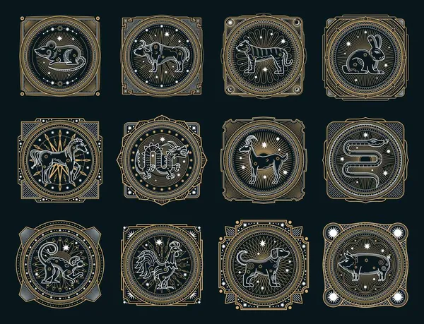 中国占星术的神秘符号与向量黄道带动物 星历和农历新年的标志 — 图库矢量图片
