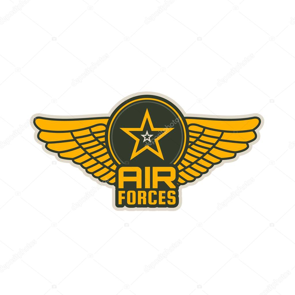 Air forces patch vector icon of wings, shield and star. Military aircraft wings isolated heraldic badge of army or navy aviation division, squadron, flight or group, armed service heraldry