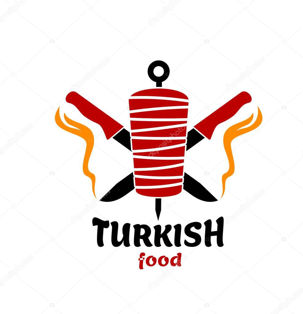 Turkish cuisine food icon. Isolated vector doner kebab or shawarma and chef knives. Turkish fast food restaurant, barbecue cafe or grill bar symbol of skewer or rotating spit with grilled meat