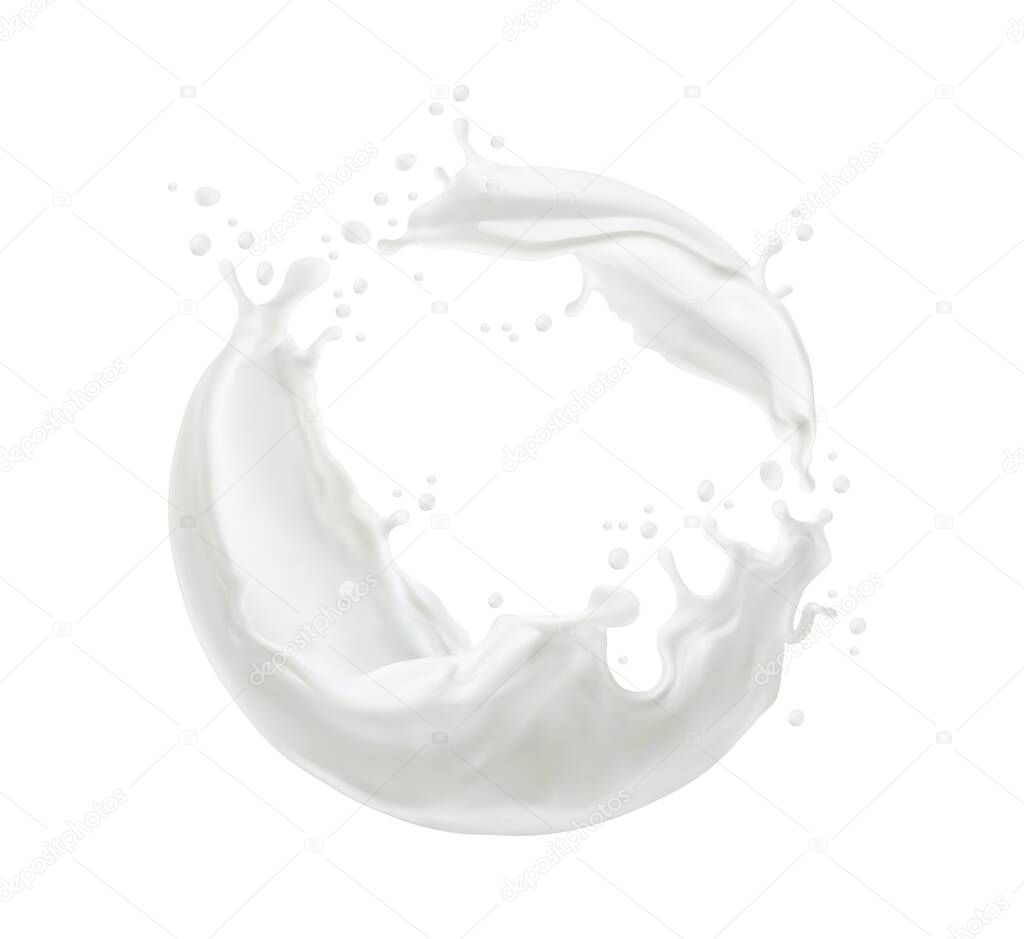 Milk twister or swirl splash with splatters and white milky drops flow, realistic vector. Milk splash or cream drink pouring wave of liquid yogurt whirl for dairy products