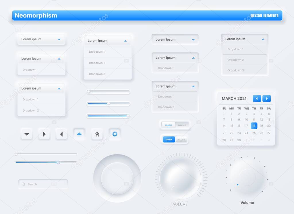 Neumorphic UI, user interface buttons, search bars and switches. Vector UX kit for mobile application, web social media with knob, volume buttons and sliders, search box, action bars and calendar