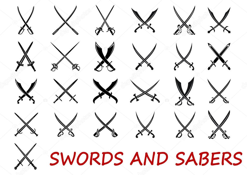 Crossed swords and sabers elements isolated on white background, suitable for history and heraldry design