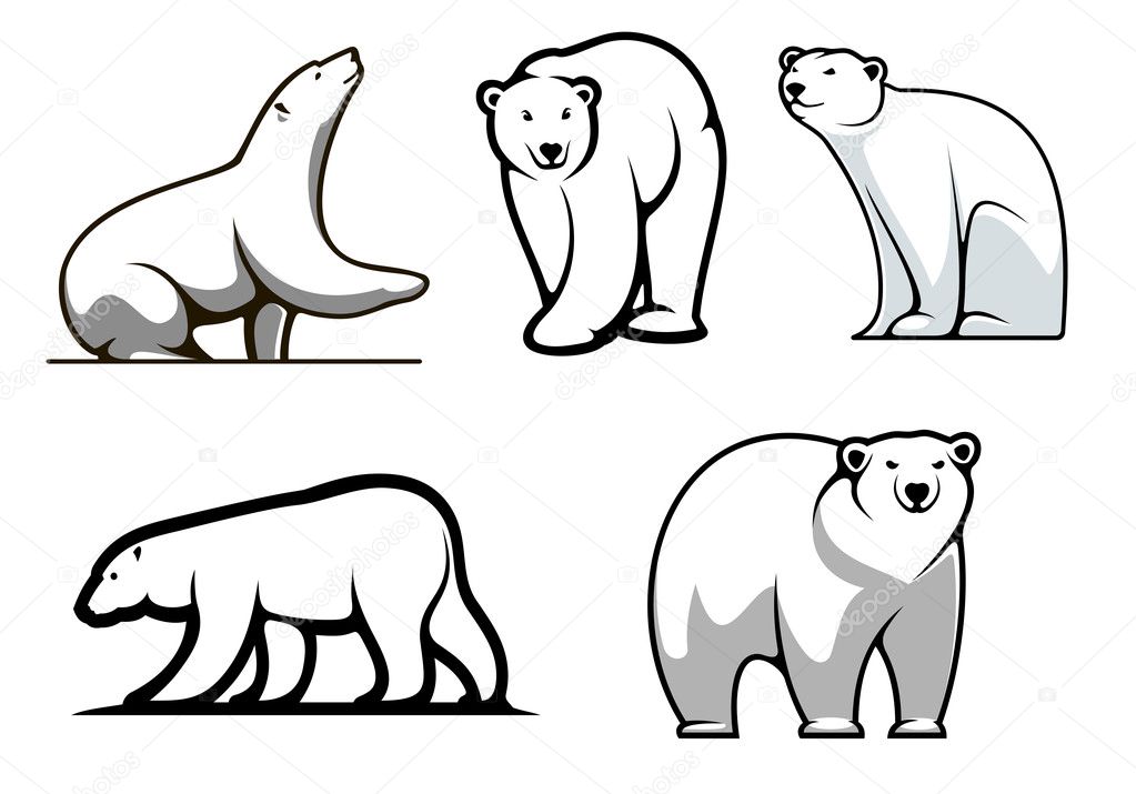 White polar bears set in cartoon style for mascot or logo design