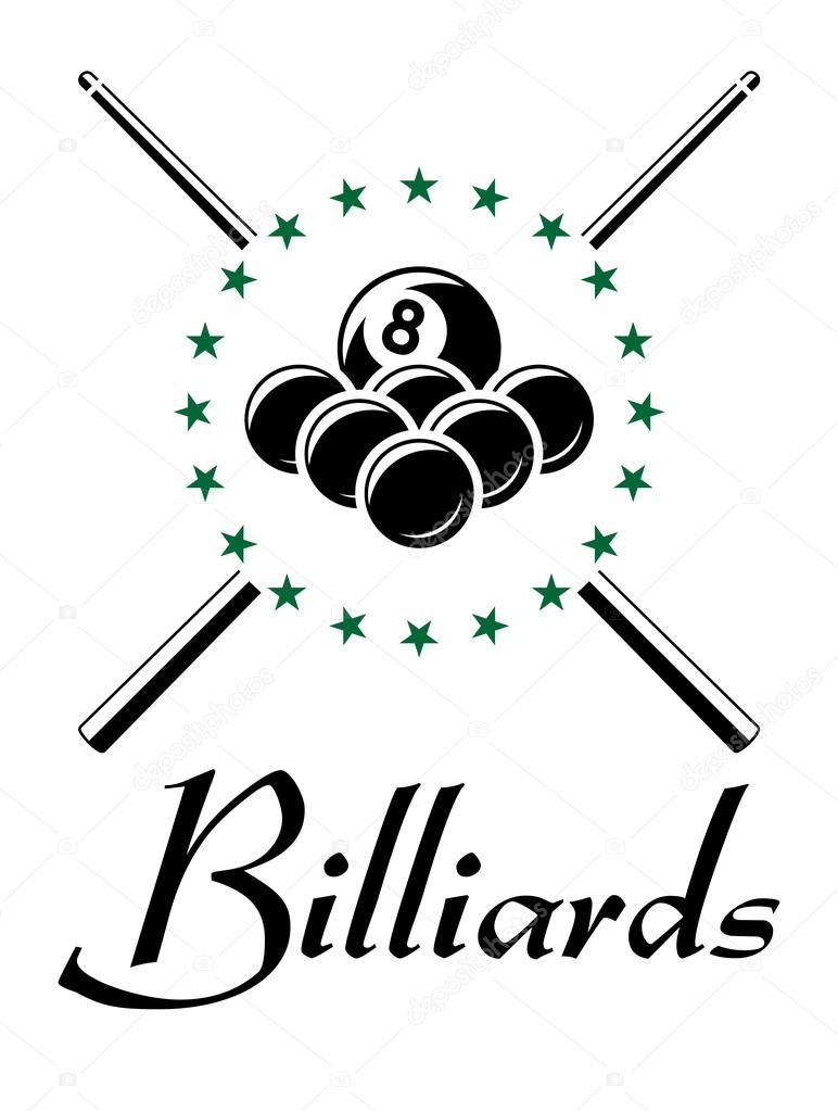 Billiards and snooker sports emblem with balls, cue , stars and text for sporting logo and leisure design