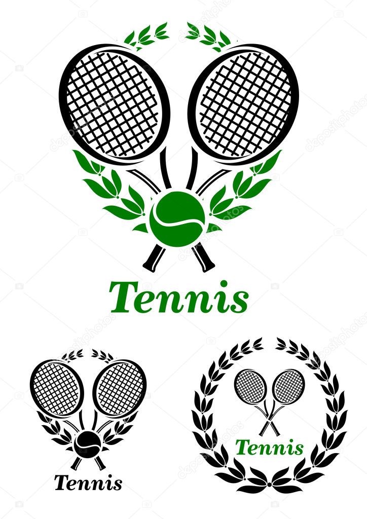 Tennis  sporting emblem or logo with rackets and laurel wreath isolated on white,  suitable for sports design