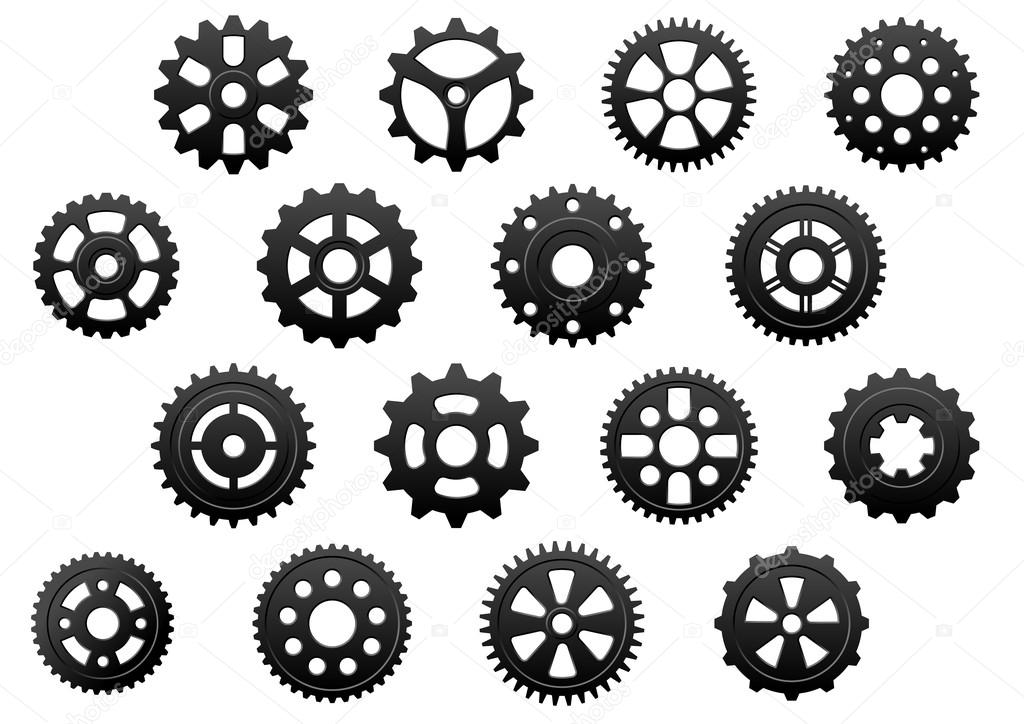 Gears and  pinions silhouettes set for technology, engineering and industrial design