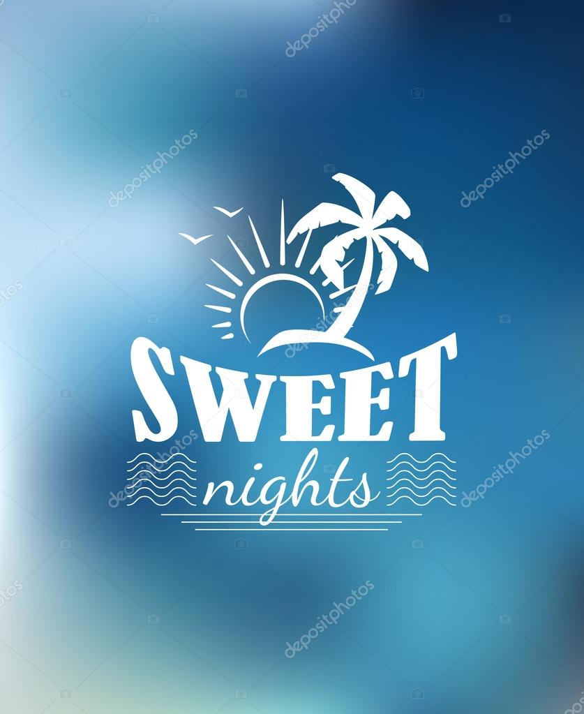 Summer Paradise poster design with a sun, waves, palm, birds and text Sweet nights. For travel, tourism or logo design