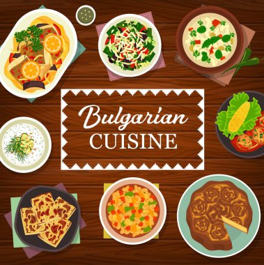 Bulgar mutfağı yemekleri ve menü kapağı. Banitsa turtası, salata Shopska ve Kufteta köftesi, fırında balık Plakia, ekmek Tutmanik, Bob Chobra, domates fasulyesi ve yoğurt çorbası soğuk Tarator vektörü.