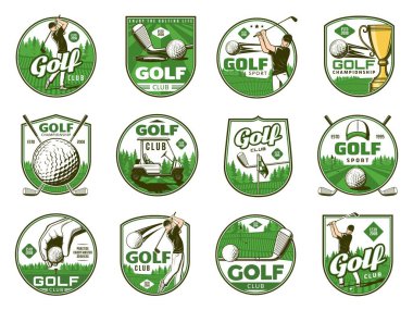 Golf topları, golf sopaları, golf sahaları ve delikler, golfçü, bayraklar ve kupa kupaları. Yeşil çimen üzerinde ekipman, el arabası ve üniforma şapkalı golf oyuncusu veya izole edilmiş rozetler ve simgeler