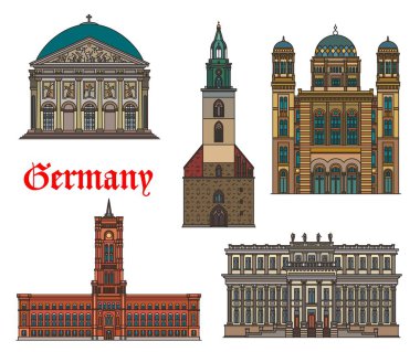 Almanya, Berlin mimari binaları ve seyahat işaretleri, vektör. Alman tarihi St Mary Kilisesi, Saint Hedwig Katedrali ve Red City Hall, Veliaht Prens Sarayı ve Almanya 'nın Yeni Sinagogu