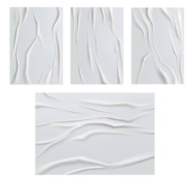 Beyaz yapıştırılmış kağıt buruşmuş ve buruşuk poster kağıdı dokusu. Beyaz arka planda izole edilmiş kıvrımlı veya yırtık çarşaflı taşıyıcı. Boş dikdörtgen model tasarımı, gerçekçi 3D kağıt