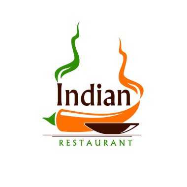 Hint Lokantası ikonu, vektör kâsesi dolusu baharat ve acı kırmızı biber. Hint ya da Asya mutfağının ayrı amblemi, vejetaryen kafe, vegan bistrosu ya da etnik kafeterya tasarımı.