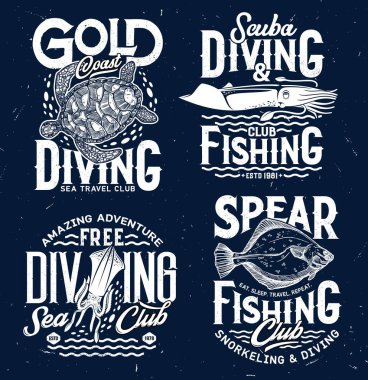 Zıpkın balıkçılığı ve okyanus dalış kulübü tişörtü baskısı. Deniz kaplumbağası, mürekkep balığı ya da mürekkep balığı ve dil balığı ya da yassı oymalı vektör. Dalış balıkçılığı, deniz hayvanlarıyla seyahat kulübü kıyafetleri.