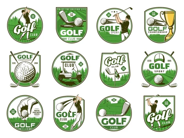 Golf Sport Vector Iconos Pelotas Palos Tee Hoyos Golfista Banderas — Vector de stock