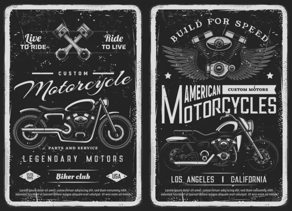 Carteles Vintage Moto Motocicleta Personalizados Servicio Mecánico Motocicletas Estadounidenses Estación — Vector de stock