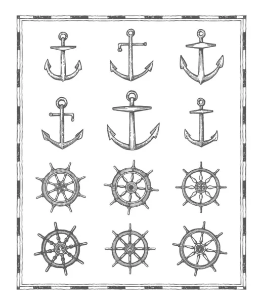 Ancoraggi Schizzi Timone Vintage Elementi Mappe Antiche Vela Marina Avventura — Vettoriale Stock