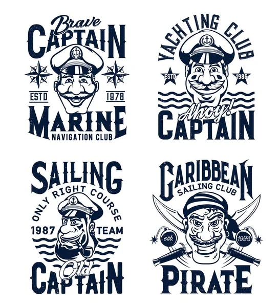 Modèle Impression Shirt Capitaine Pirate Capitaine Marin Souriant Quatuor Avec — Image vectorielle