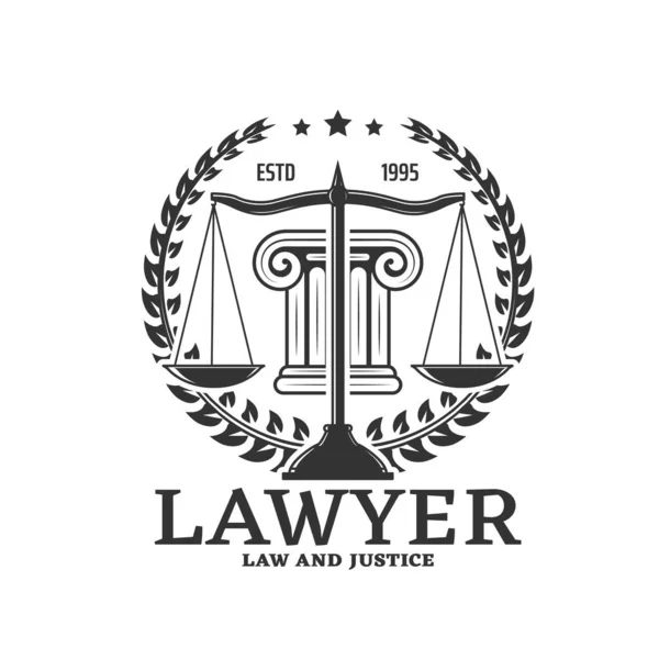 具有公正尺度和立法的律师图标月桂树花环矢量符号 公证人或律师 司法律师或大律师的法律顾问和司法服务机构徽章 — 图库矢量图片