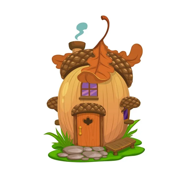 仙女橡果屋 侏儒或巫师的病媒栖息地 卡通奇幻的家 带窗户 屋顶和烟囱 橡木叶和长椅的橡果坚果做成的村舍或平房 — 图库矢量图片