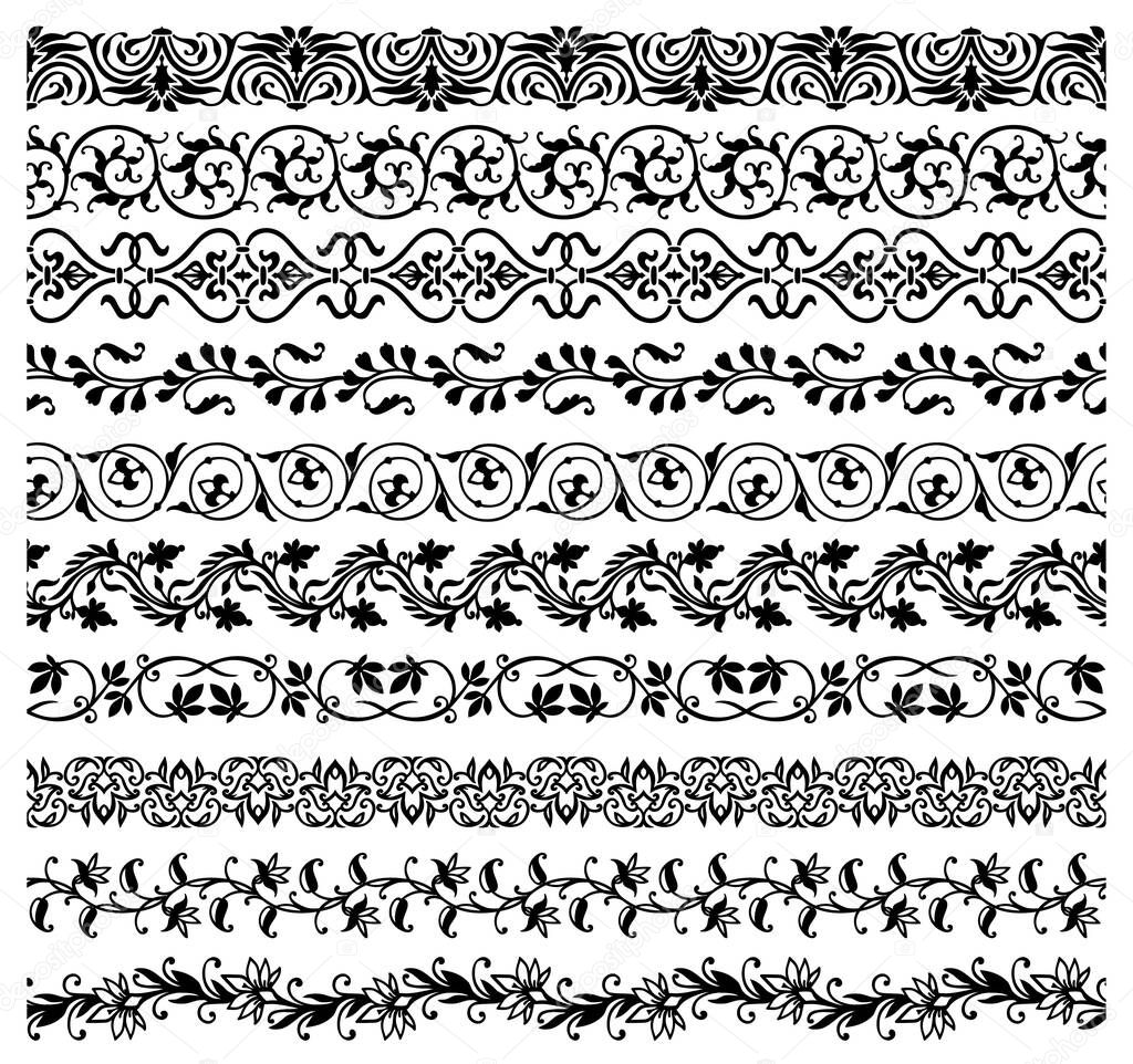 Floral borders, frame lines and dividers with flower and leaf vector ornaments. Flower garlands with vine swirls, blossom branches and leaf scrolls, monochrome calligraphy elements