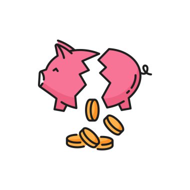 Bozuk para bankası ve izole edilmiş altın sikkeler. Vektör mali ekonomi ve depozito, kriz ve borç, kayıp parası, tasarruf bütçesi. Borç ve yoksulluk, domuzcuk pembe hayvan para kutusu