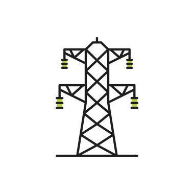 Yüksek voltaj iletim kulesi hattı sanat jeneratörü ikonu izole etti. Vektör elektrik pilonu yapısı, güç desteği için çelik kafes kulesi. İki faz iletim kulesi elektrik hattı renk işareti