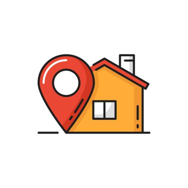 Eve teslimat, paket takibi, nokta konumu izole edilmiş düz simge. Ev konutu, fast food, online siparişler, nakliye hizmetleri, navigasyon, mekana teslimat.