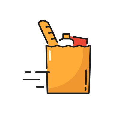 Alışveriş çantası market ürünleri çevrimiçi dağıtımı izole edilmiş bir daire simgesi. Vektör süt ürünleri ve fırın ürünleri, hızlı online sipariş ve teslimat. Tüketici sepeti, seyyar alışveriş, perakendeciler çanta sarı tabela