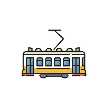 Lizbon tramvayı tramvay düz çizgi ikonunu izole etti. Vektör kentsel troleybüs tasarım ögesi. Retro Portekiz Türkiye treni, yolcular, insan taşıma hizmetleri. Tramvay tramvayı