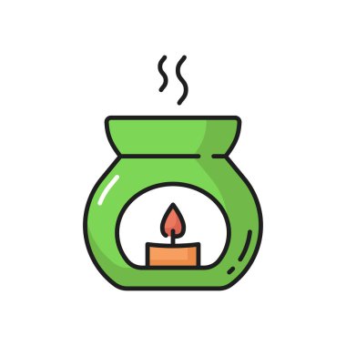 Duman izole edilmiş cam kavanozda yanan aromatik kokulu mum. Yeşil bardakta mum yakan vektör. Romantik dekor unsuru, spa, aromaterapi ve masaj, güzellik salonu, rahatlatıcı aksesuar.