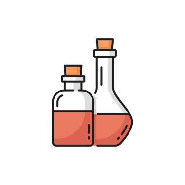 Kaplıca yüz kozmetik güzellik kavanozları, ahşap mantar izole düz çizgi ikonu. Vektör hyaluronik veya esans yağları, pembe sıvılı şişeler. Kapaklı kavanozlar, cilt sağlığı hizmetleri, masaj ürünleri maketleri