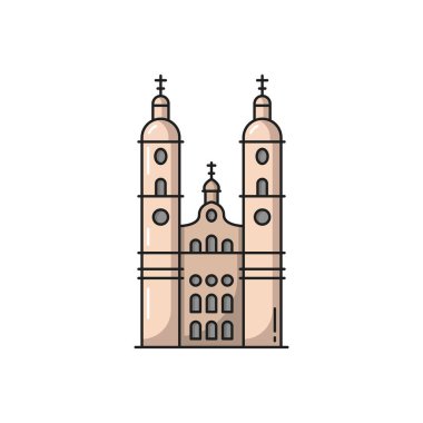 Katedral İsviçre simgesi izole edilmiş düz çizgi ikonu. çizgi simgesi. Vector İsviçre ulusal sembolü, ortaçağ mimarisi, turistik cazibe. Zürih 'teki Grossmunster Kilisesi, eski kasaba, din inşaatı.
