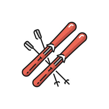 Kayak takımları izole edilmiş bir çift kış kayağı, İsviçre spor düz çizgi ikonu. Vektör kayak takımları, İsviçre 'de kış sporu aktiviteleri, ekstrem kayak araçları, yamaçlardan kaymak için Alpler' in yürüyüş nesneleri.