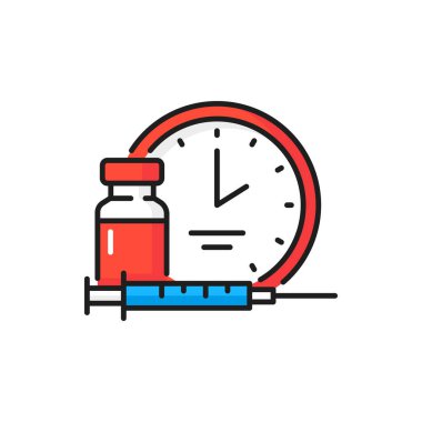 Aşı zamanı, şişe enjeksiyonu, koronavirüs izole renk çizgisi simgeleri. Vektör şişesi ve zamanlayıcı saati, enjeksiyon aşılama kampanyası. Tıbbi tedavi, pandemik mücadele, sağlık koruma