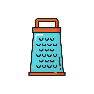 Keskin bıçaklı rengarenk mutfak eşyaları izole edilmiş renk çizgisi simgesi. Peynir ve yiyecek rendelemek için kullanılan deliklerle kaplı bir vektör cihazı. Bulaşık malzemeleri, metalik ev aksesuarı paslanmaz çelik.