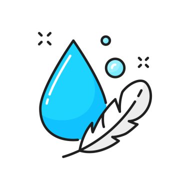 Light weight materials wash, feather and drop isolated color line icon. Vector foam pillow, anti allergy mattress wash memory. Dry cleaning, drop of detergent and feather, breathable cloth washing clipart