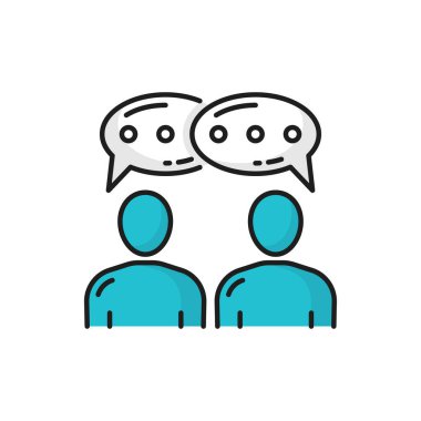 Ulak renkli çizgi ikonunda iki iş adamının iletişimi. Vektör ekip üyeleri çevrimiçi iletişim kuruyor, kısa mesajlar yazıyorlar. İş arkadaşlarının konuşması, takım çalışması işbirliği, diyalog