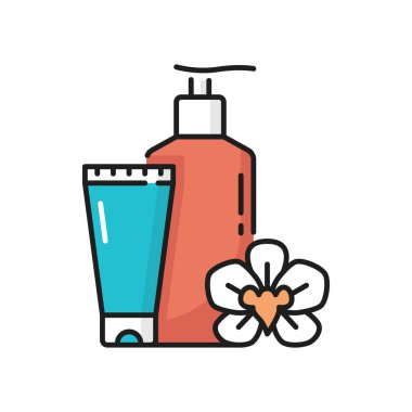 Güzellik kozmetik kremi şişeleri cilt bakım ürünleri izole edilmiş renk çizgisi ikonu. Vektör vücut, eller ve yüz bakımı tüpleri ve çiçek. Losyon ve nemlendirici, esans duş jeli, spa hijyen ürünleri.