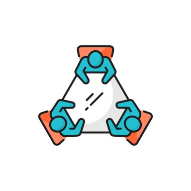 Sohbet konferansı, soyutlanmış renkli masa ikonunda beyin fırtınası. Vektör grup yöneticileri konuşuyor, takım çalışması işbirliği yapıyor. İş sohbeti, toplantı ve takım iletişimi