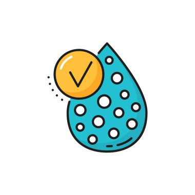 Sıvı damlası tamam işareti, serum yağı, biyoyakıt damlası izole edildi. Vektör genetik kimyası, sıvı biyoteknoloji amblemi, onay işareti. Cilt yuvarı damlası, normal biyoyakıt, temiz su sıçraması.