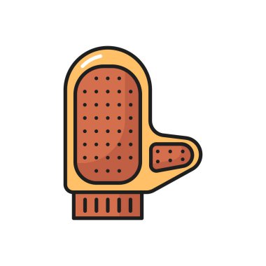 Kediler ve köpekler saç eldiveni izole edilmiş tımar aracı ince çizgi renk ikonu. Vektör tımar aletleri aksesuar, silikon turuncu saç fırçası. Hayvanların kürkünü, temizliğini ve banyo malzemelerini kaldırmak için nesne