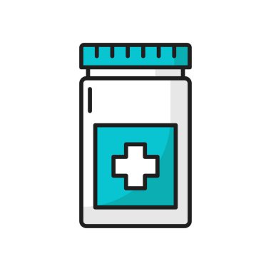 Kedi ilacı şişesi izole edilmiş hayvanlar vitaminler ince çizgi ikonu. Vektör reçeteli haplar yetişkin köpek takviyesi, veteriner veteriner konteynırı ve uyuşturucu. Kedi yavruları ve köpek maması ve haplar.