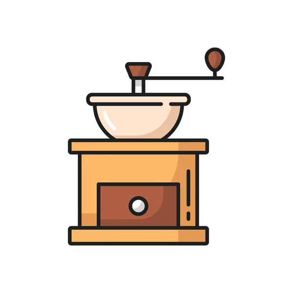 ローストビーンズ分離フラットラインアイコンを扱うレトロなコーヒーグラインダー 香りココア豆を粉砕するベクトルヴィンテージ研削盤 キッチン用品 バリスタ機器 カフェイン本物のオブジェクト — ストックベクタ